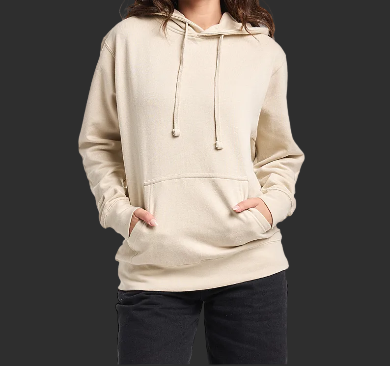 Woman wearing a beige hoodie on a white background