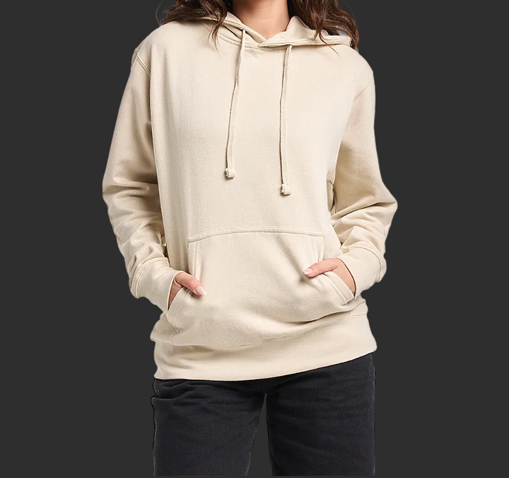 Woman wearing a beige hoodie on a white background