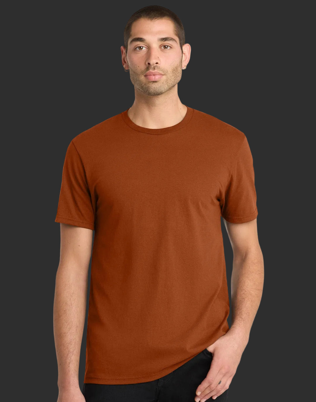 Man wearing a brown t-shirt on a white background