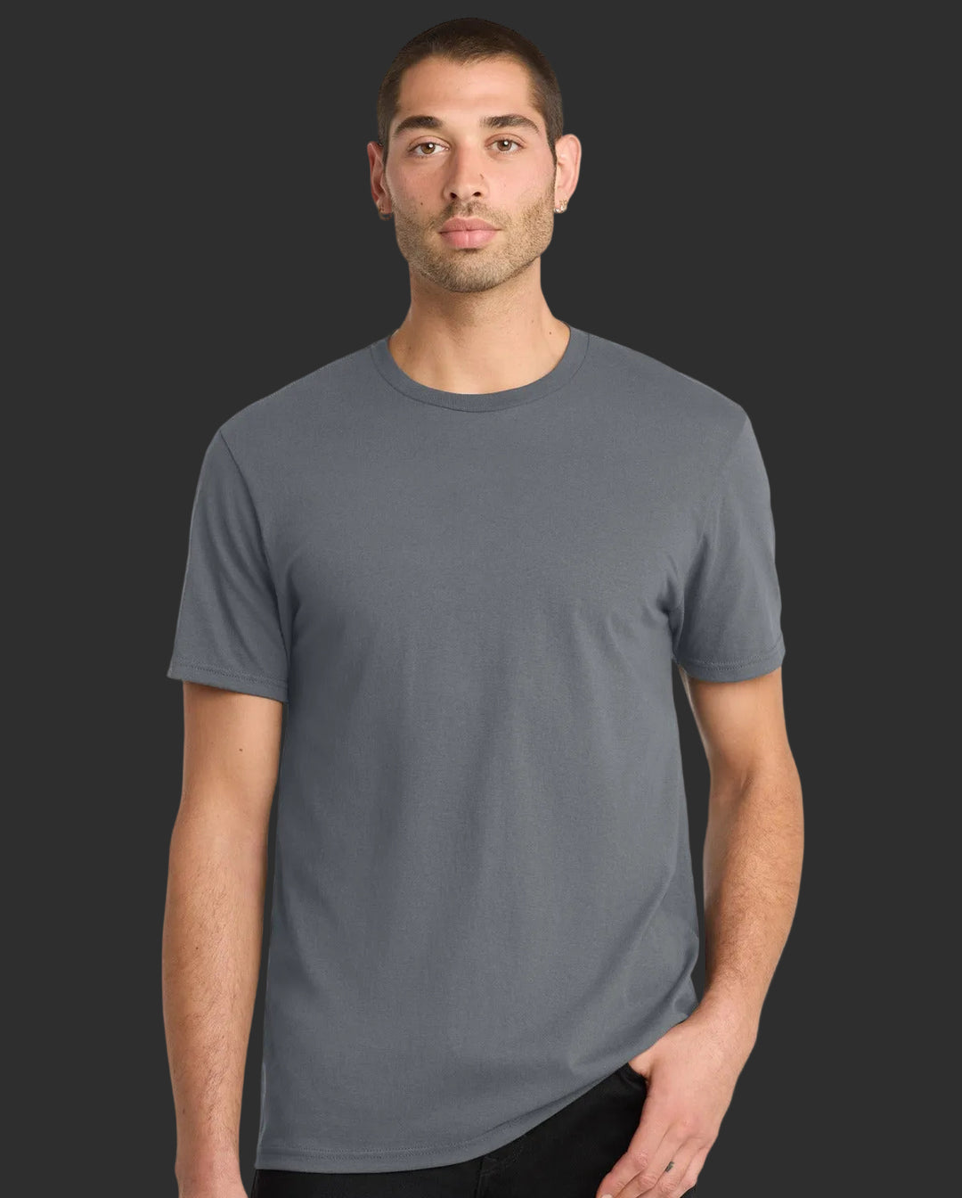 Man wearing a gray t-shirt on a white background
