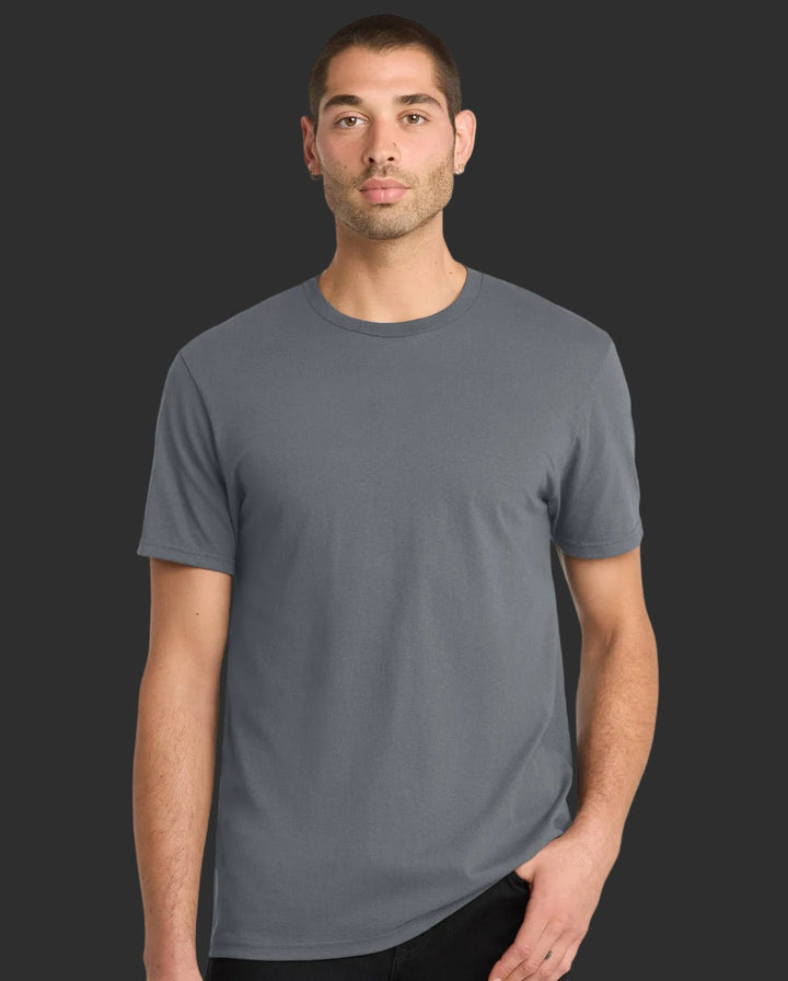 Man wearing a gray t-shirt on a white background