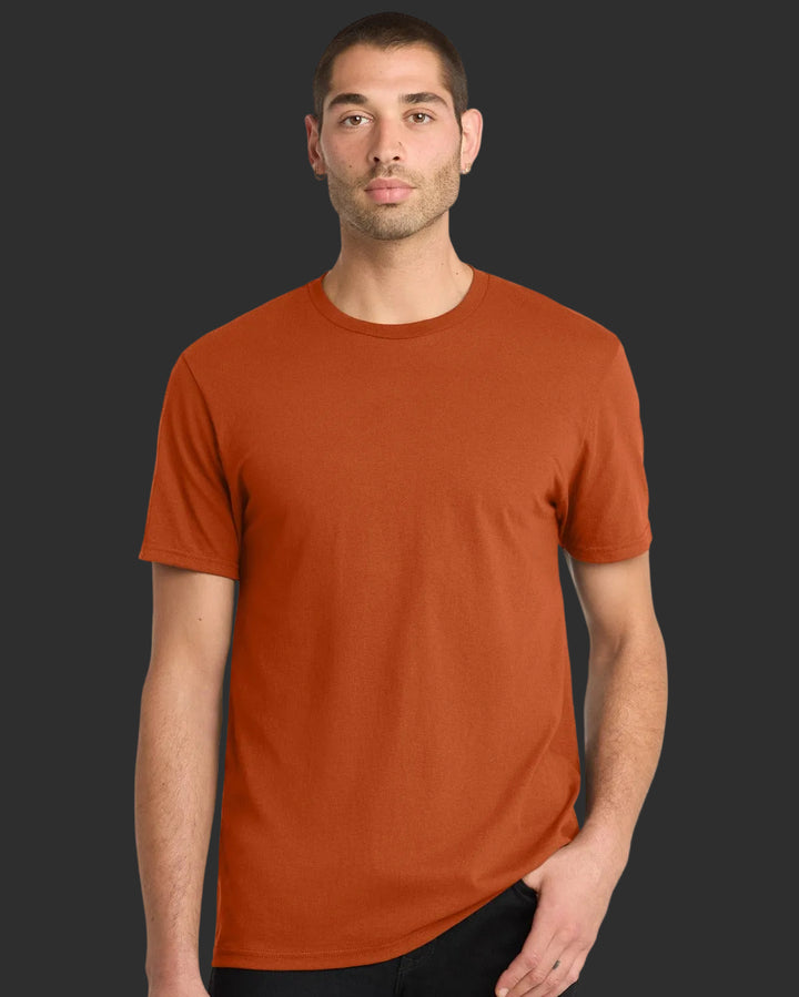 Man wearing a rust-colored t-shirt on a white background