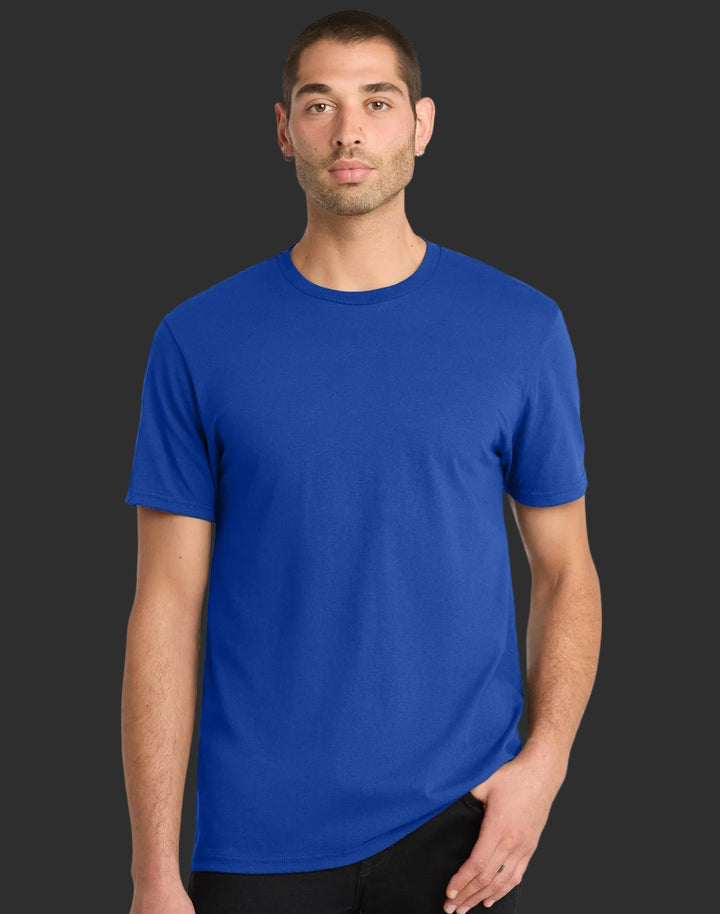 Man wearing a blue t-shirt on a white background
